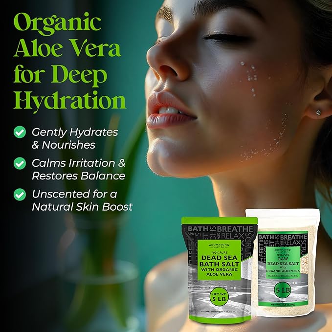 Aromasong Dead Sea Salt with Organic Aloe Vera, Spa Bath Salts, 5 Lbs Fine Bulk resealable Pack, 100% Pure & Natural, Soak for Women & Men for Tired Muscles & Skin Issues (Packaging May Vary)-BrightBean Baby