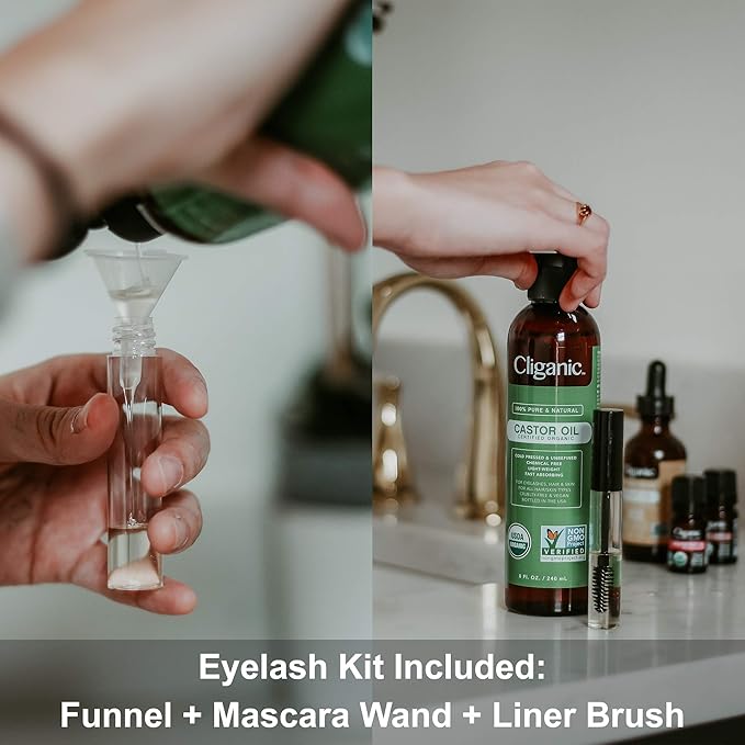 Cliganic USDA Organic Castor Oil, 100% Pure (16oz with Eyelash Kit) - For Eyelashes, Eyebrows, Hair & Skin | Bulk, Natural Cold Pressed Unrefined Hexane-Free | DIY Carrier Oil-BrightBean Baby