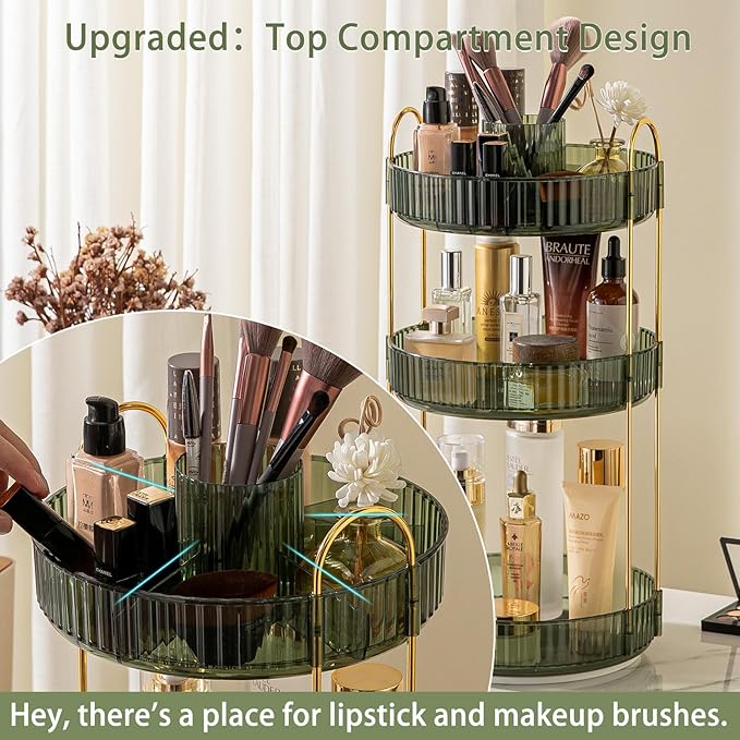 Rotating Makeup Organizer for Vanity, High-Capacity Skincare Clear Make Up Storage Perfume Organizers Cosmetic Dresser Organizer Countertop 360 Spinning (Green, New-3 Tier)-BrightBean Baby