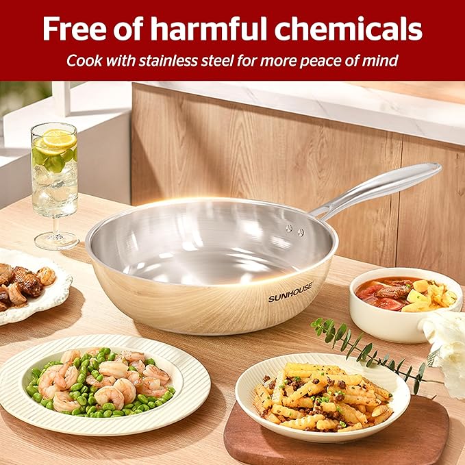 SUNHOUSE Tri-Ply Stainless Steel Frying Pan - 9.5 Inch (24cm)