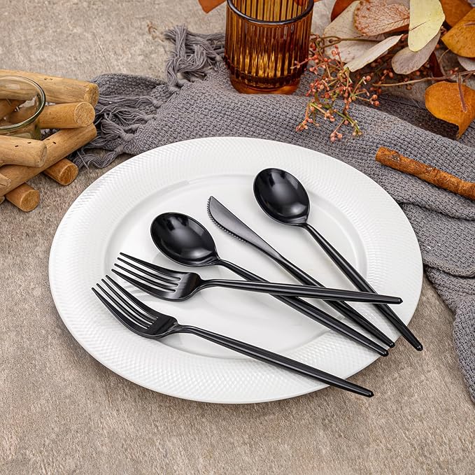 Rubtlamp 90Pcs Plastic Black Silverware, Black Disposable Cutlery, Plastic Utensils Heay Duty include 30 Plastic Knives 60 Plastic Black Forks and Spoons, Black Cutlery For Halloween Decorations