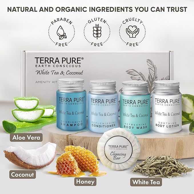Terra Pure White Tea and Coconut Amenity Kit | Hotel Toiletries | 1oz Travel Size Shampoo, Conditioner, Lotion, Body Wash & Cleansing Bar for Guest Hospitality AirBnB/Vacation Rentals | 1 set/case-BrightBean Baby