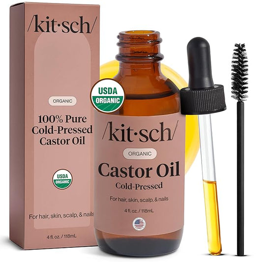 Kitsch Organic Castor Oil for Hair Growth - 100% Pure Castor Oil, Organic Cold Pressed Unrefined Glass Bottle for Face, Skin, Lashes, Brows, Scalp, Nails & Belly Button - Hexane Free, USDA - 4 oz-BrightBean Baby