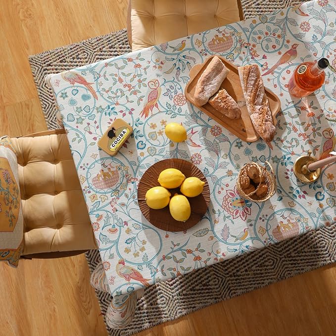 patdrea Designer French Tablecloth for Rectangle Table,Floral Birds Pattern Linen Long Table Cloth,Yellow Decorative Cover for Kitchen Dining Banquet,Christmas,Thanksgiving,63"x94"-Magnolia