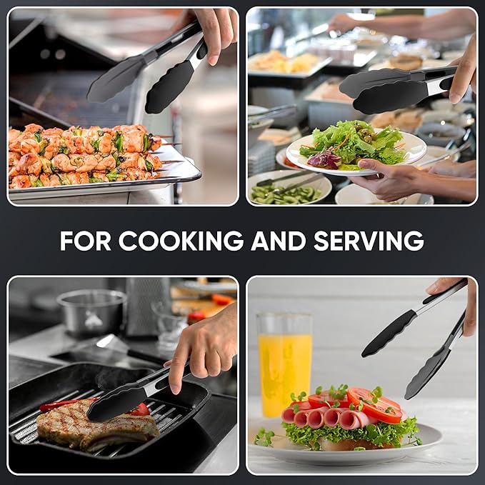 9 Inch Kitchen Tongs, Cooking Tongs with Silicone Tips and Stainless Steel Handle, Non Stick Heat Resistant Tongs for Cooking, Buffet, Salad Serving (9", Black)