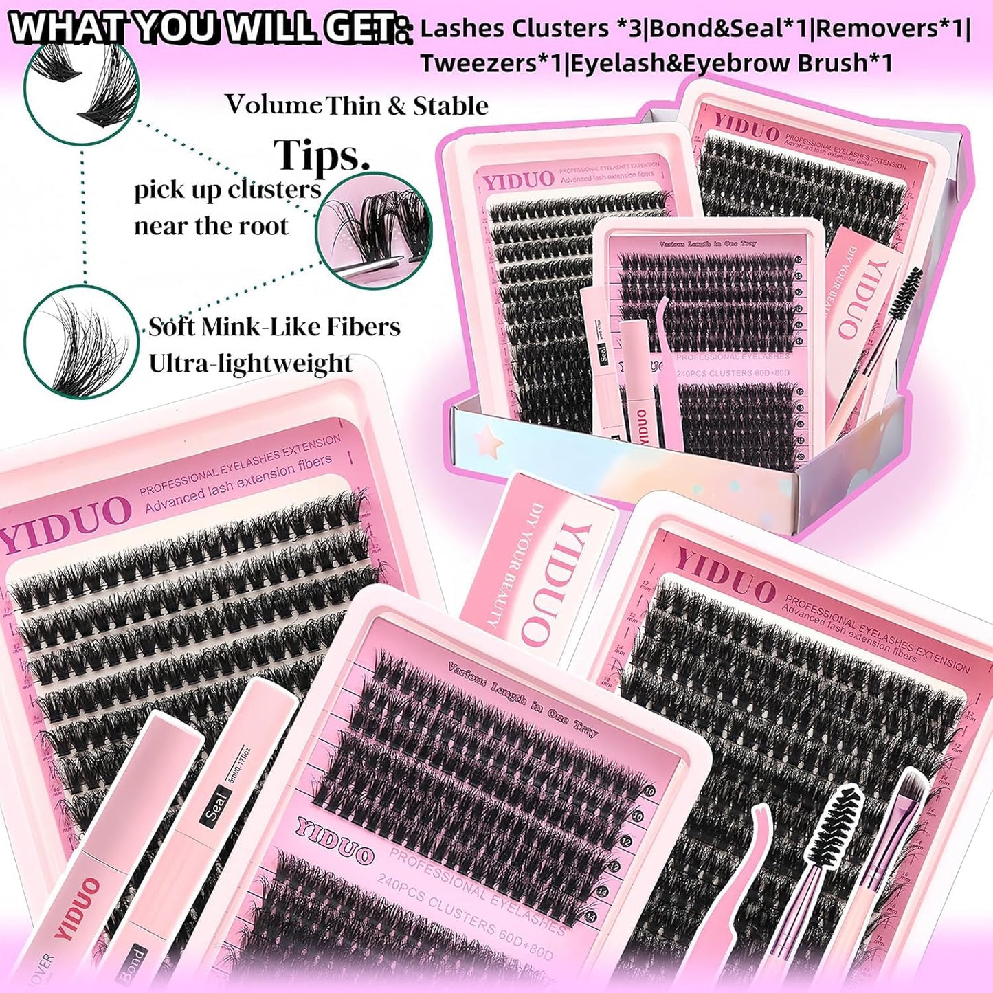 Lashes Clusters Kit Gift Packs 3 Styles 760Pcs with 2X Bond&Seal Volume Soft False Eyelash Extension 80D+100D D Curl Wispy Natural DIY Individual Fake Eyelashes Box for Beginners Bulk Pack-BrightBean Baby