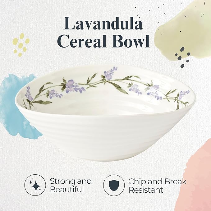 Portmeirion Sophie Conran Lavandula Cereal Bowl - 7.5 Inch Porcelain Soup & Ice Cream Bowls with Lavender Spring Design, Ripple Texture, Freezer to Oven Safe Dinnerware Collection