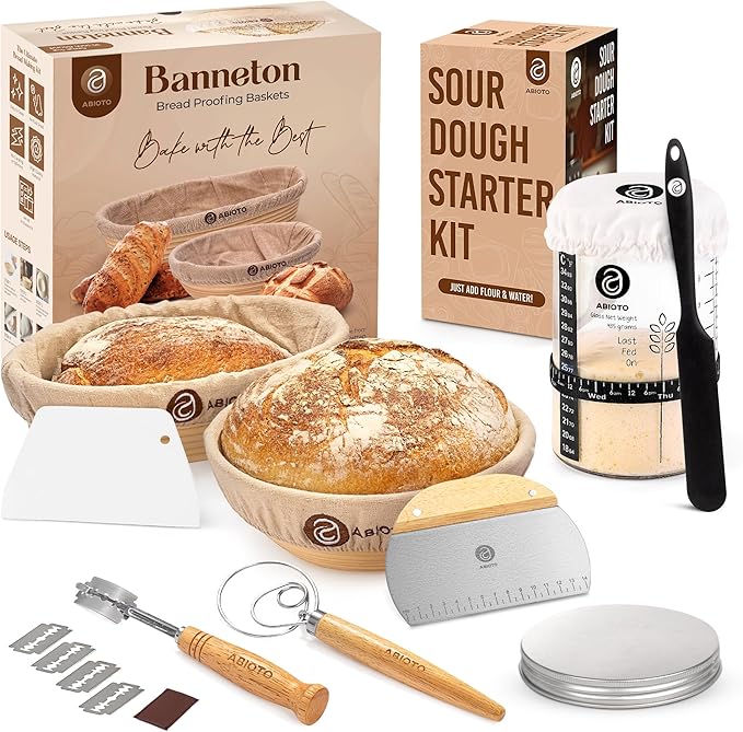 Sourdough Bread Baking Supplies and Starter Kit - Ultimate Bread Making and Sourdough Starter Kit with Proofing Baskets, Sourdough Jar, Bread Lame, Scrapers & Danish Whisk