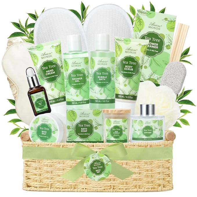 Spa Gift Basket - Tea Tree Bath Set With Shower Gel, Bubble Bath, Hand Cream, Soap, Salt, Essential Oil - Luxury Body Gift Kit for Women-BrightBean Baby