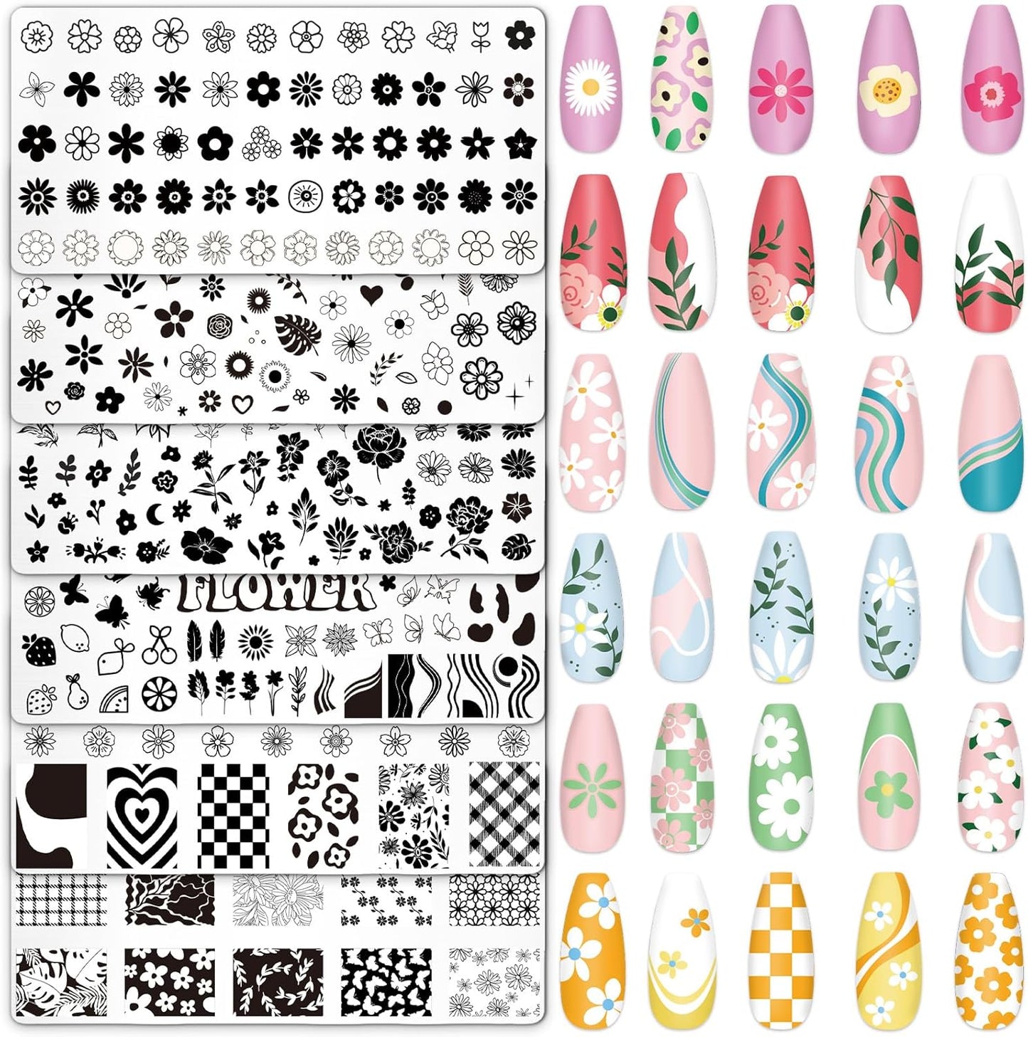 Whaline 6Pcs Simple Floral Nail Plates Stamping Set Flower Leaves Stamp Templates Nail Art Plates for DIY Print Manicure Salon Design Gift-BrightBean Baby
