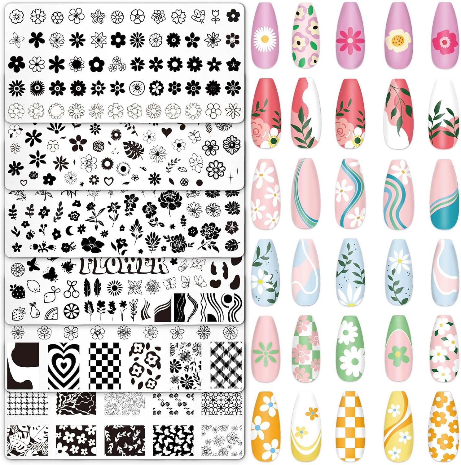 Whaline 6Pcs Simple Floral Nail Plates Stamping Set Flower Leaves Stamp Templates Nail Art Plates for DIY Print Manicure Salon Design Gift-BrightBean Baby