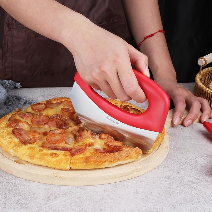 Premium Pizza Cutter Food Chopper-Super Sharp Blade Stainless Steel Pizza Cutter Rocker Slicer with Protective Sheath Multi Function Pizza Knife Kitchen Tools,Dishwasher Safe (Red)