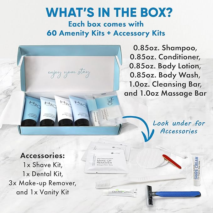 H2O Therapy Amenity & Accessory Kit | 0.85 oz Travel Size Shampoo, Conditioner, Lotion, Body Wash, Massage Bar, Cleansing Bar, Shave & Dental Sets, Make-Up Remover Wipes, & Vanity Kit | 60 sets/case-BrightBean Baby