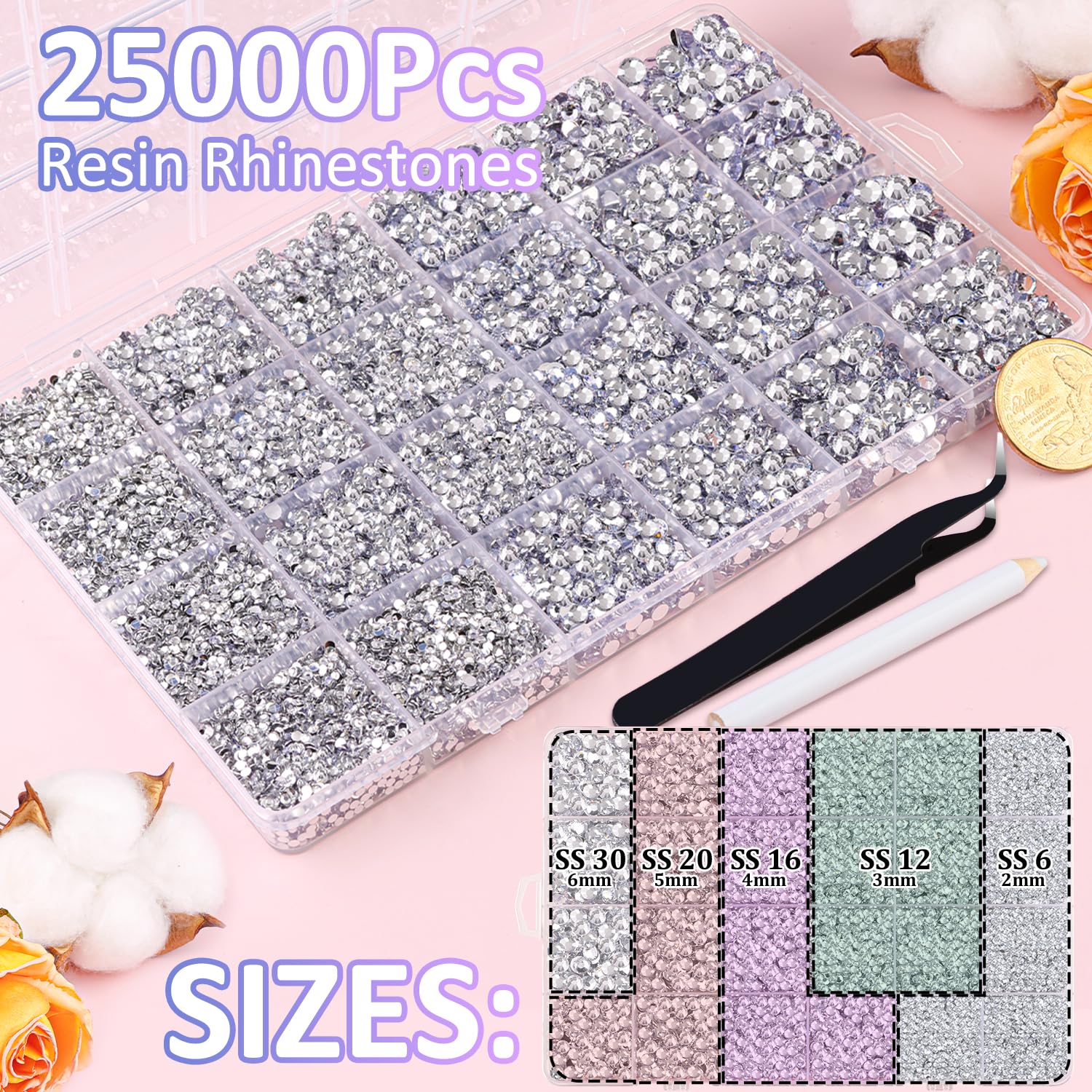 25000Pcs Resin Rhinestones with Tweezers for Crafting, Silver Clear 2-6mm Mixed Sizes Flatback Gems, Bedazzling Crystal for DIY Crafts Clothing Tumblers Mugs Shoes Fabric Decor Nail Art-BrightBean Baby