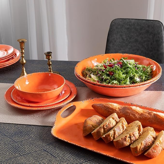 Melamine Serving Tray with Handles, 19“ x 12" Vintage Large Rectangular Melamine Serving Platter for Serving Food, Serving Tray Set of 2, Dishwasher Safe, Orange