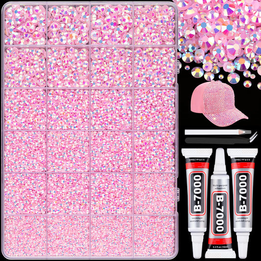 25000Pcs Resin Rhinestones with B7000 Jewelry Glue for Crafting, Light Pink AB 2-6mm Non Hotfix Flatback Gems, Bedazzling Crystal for DIY Crafts Clothing Tumblers Mugs Shoes Fabric Decor Nail Art-BrightBean Baby