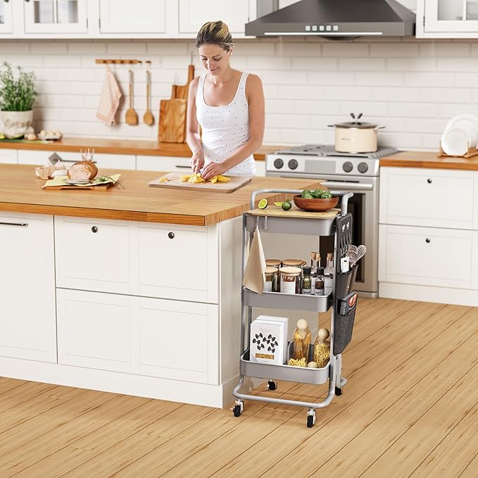 DTK 3 Tier Metal Utility Rolling Cart with Table Top and Side Bags, Tray Storage Organizer Wheels, Art Craft 4 Hooks for Kitchen Bathroom Office Living Room(Grey)-BrightBean Baby