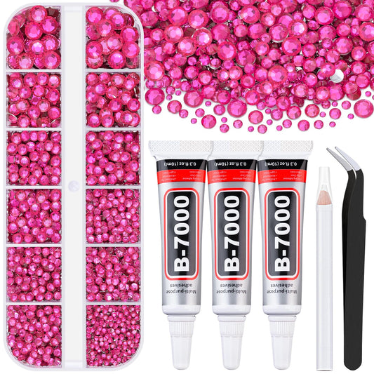 6000Pcs Resin Rhinestones for Bedazzling with 3Pcs B7000 Jewelry Glue, 1 Box Hot Pink Flatback Rhinestones for Crafting Crafts DIY, Crystals Gems for Clothing Shoes Tumblers Nail Art Makeup-BrightBean Baby