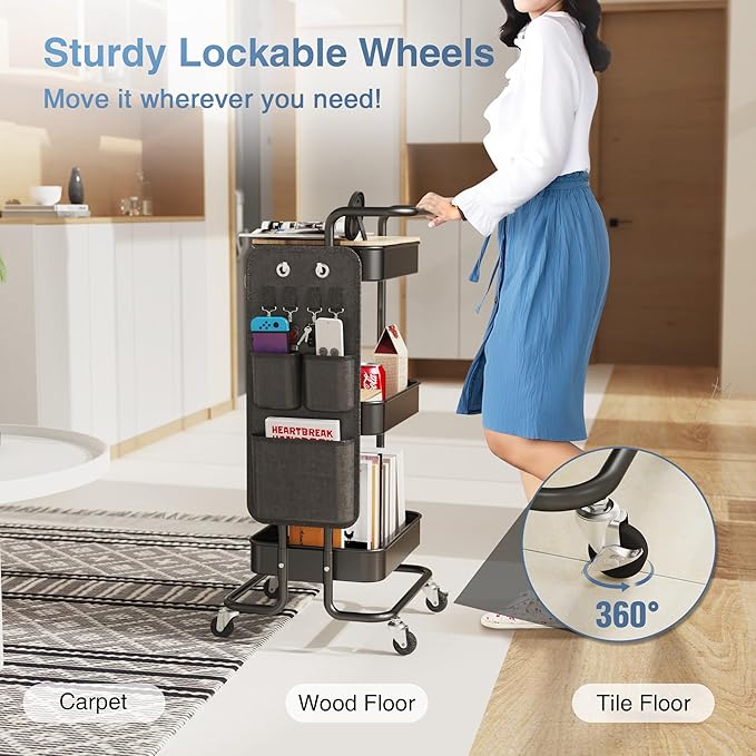 DTK 3 Tier Metal Utility Rolling Cart with Table Top and Side Bags, Tray Storage Organizer Wheels, Art Craft 4 Hooks for Kitchen Bathroom Office Living Room (Black)-BrightBean Baby
