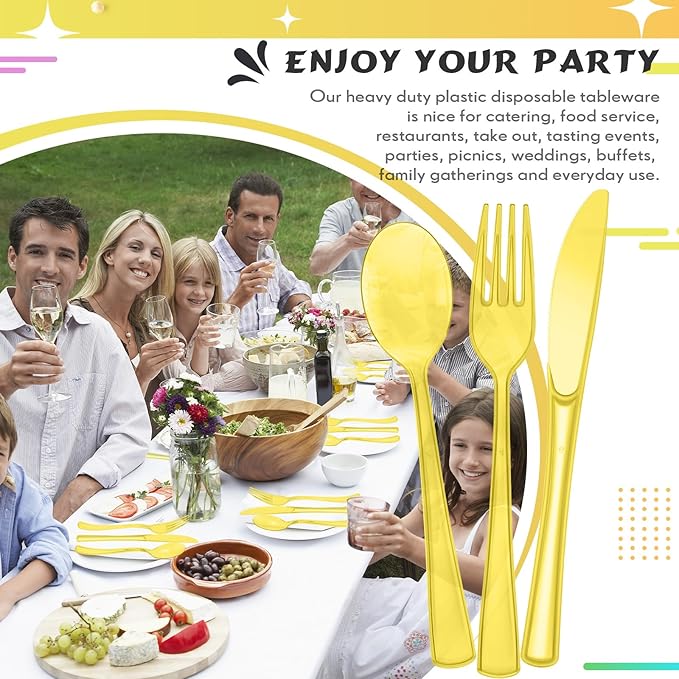 Minatee 150 Pieces Disposable Cutlery Set Plastic Silverware Heavy Duty Utensil Sets 50 Forks 50 Knives 50 Spoons for Home Office School Party Picnics Restaurant Outdoor Events(Yellow)