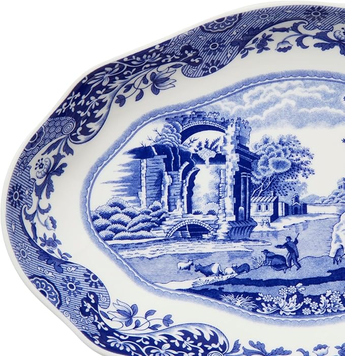 Spode Blue Italian Pickle Dish - 8.5" Porcelain Appetizer Tray with Scroll Border & Countryside Artwork - Elegant Small Serving Piece for Entertaining & Dining Displays - Great Gift for Collectors