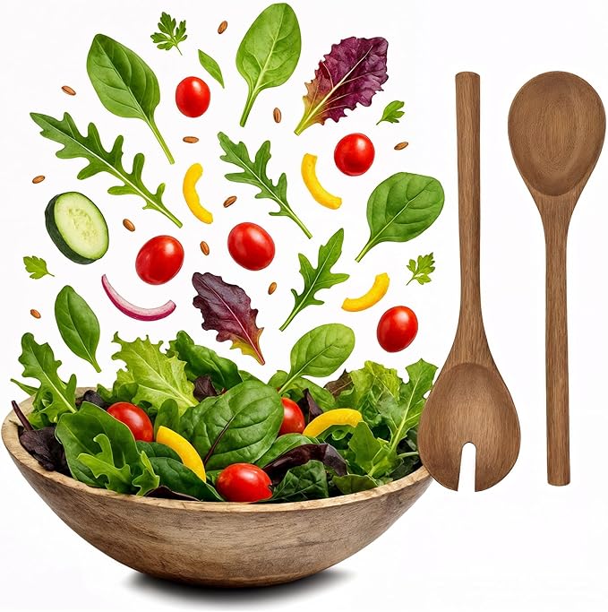 Large Wooden Salad Bowl Set - 1/2" Thick Mango Wood Serving Bowl with Utensils, Rustic Wooden Mixing Bowls, Decorative Kitchen Dinnerware for Popcorn, Pasta, & Chips, Dishes - 12 Inch
