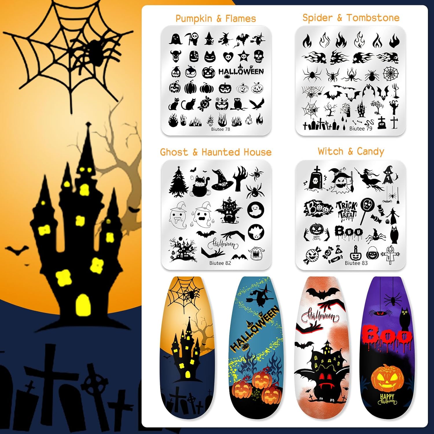 Biutee Nail Stamping Plate 20Pcs Nail Stamper Kit 16Pcs Nail Art Stamping Plates with Silicone Stamper, Scraper & Storage Bag, Stamp Plates Star Plaid Love Leaf Template Halloween Design Gift-BrightBean Baby