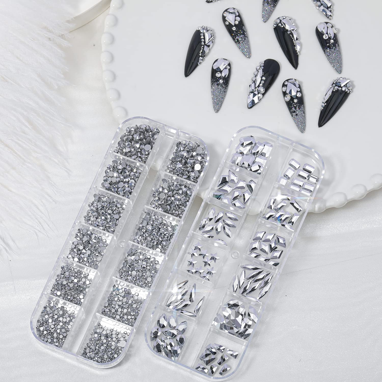 HNUIX Nail Rhinestones - 3D Multi Shape Size, Silver Nail Gems and Charms, Flat Back Crystal, with Kit, for Nail Art, DIY Decorations-BrightBean Baby