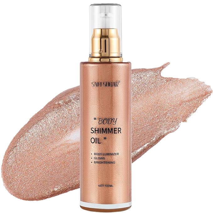 Shimmer Body Oil, Long Lasting Moisturizing Body Glow Glitter for Women Face Luminizer Highlighter Makeup 100ml Shimmer Oil for Glowing Skin Lotion (Medium Rose Gold)-BrightBean Baby