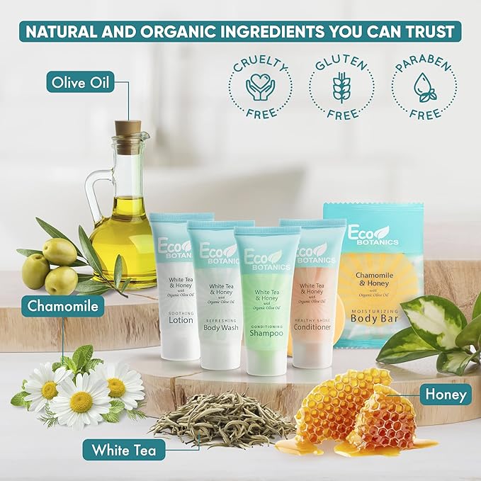 Eco Botanics Hotel Soaps & Toiletries Bulk Set | 0.85oz Hotel Shampoo & Conditioner, Body Wash, Body Lotion & Bar Soap Travel Size | 300 Pieces-BrightBean Baby
