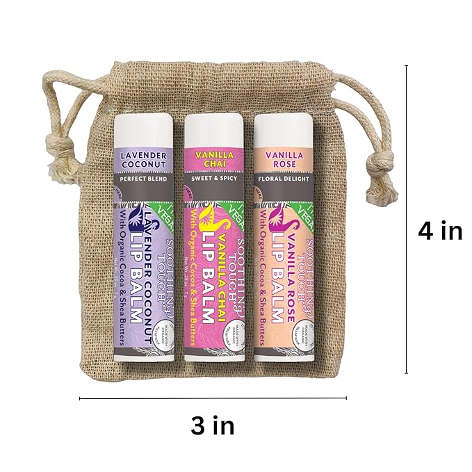 Vegan Lip Balm Set - Pack of 6 Soothing Touch Lip Balms. Includes Muslin Pouch & Lip Balm Holder Keychain (Pink): Pomegranate, Lemon Cardamom, Grapefruit, Vanilla Rose, Vanilla Chai, Lavender Coconut-BrightBean Baby
