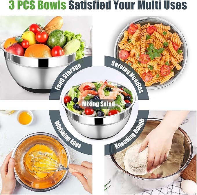 P&P CHEF Mixing Bowl with Lids Set of 3, Stainless Steel Nesting Salad Bowls for Serving Preparing, 3 Grater Attachments & Non-Slip Bottoms, Size 1.5/2.6/4.6 QT, Black