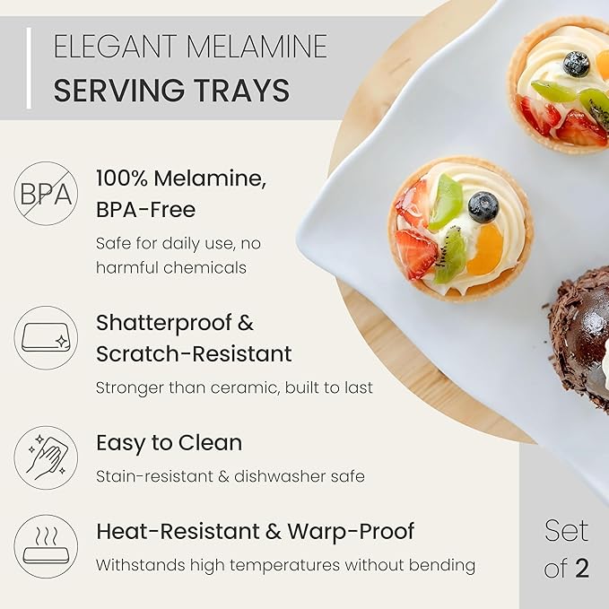 Large Melamine Tray 15" x 11" - Rectangular White Serving Tray and Platter for Food, Appetizers, Cookies, Grill or Party Snacks - Dishwasher Safe - Set of 2