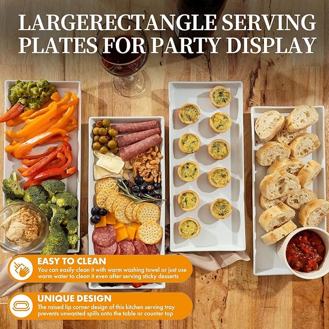Set of 4 Rectangular Serving Plastic Platters 14 x 6 Inches Versatile Dishes for Entertaining, Perfect for Appetizers, Desserts, Cheese Boards, Charcuterie, and Sushi (White)