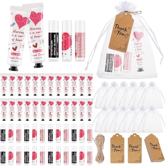 Nurse Appreciation Gifts Set Thank You Gifts Lip Balm Hand Cream for Dry Cracked Hands with Organza Bags Thank You Tags Jute for Party Holiday Nurse' Day(24 Sets)-BrightBean Baby
