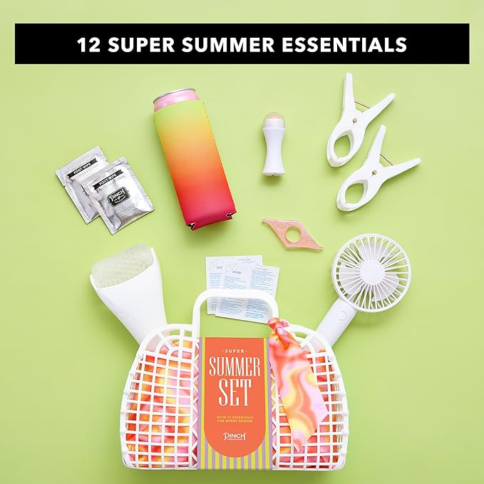 Pinch Provisions Super Summer Jelly Tote, 12 Beach & Poolside Accessories For Beauty, Perfect for Pool & Beach Days, Includes Oil Absorbing Roller, Rechargable Fan, Towel Clips, & Ice Roller-BrightBean Baby