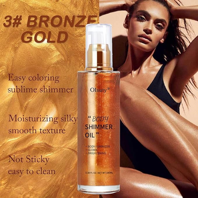 Shimmer Body Oil-Bronze Gold Face Brighten Pearl Highlighter Liquid Illuminator Body Glow Oil,4 Color Bronze Makeup Glitter Body Shimmer Oil with Makeup Brush-BrightBean Baby