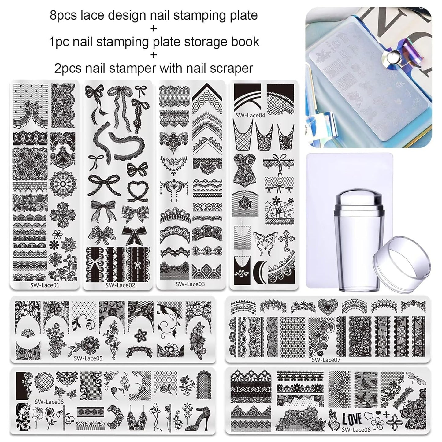 Lace Nail Stamping Plate Set - French Tip Stamp Silicone Nail Stamper Kit Bow Lace Design with Nail Stamp Plates Laser Storage Bag Nail Art Stencil Nail Supplies for Home DIY &Professional Salon-BrightBean Baby