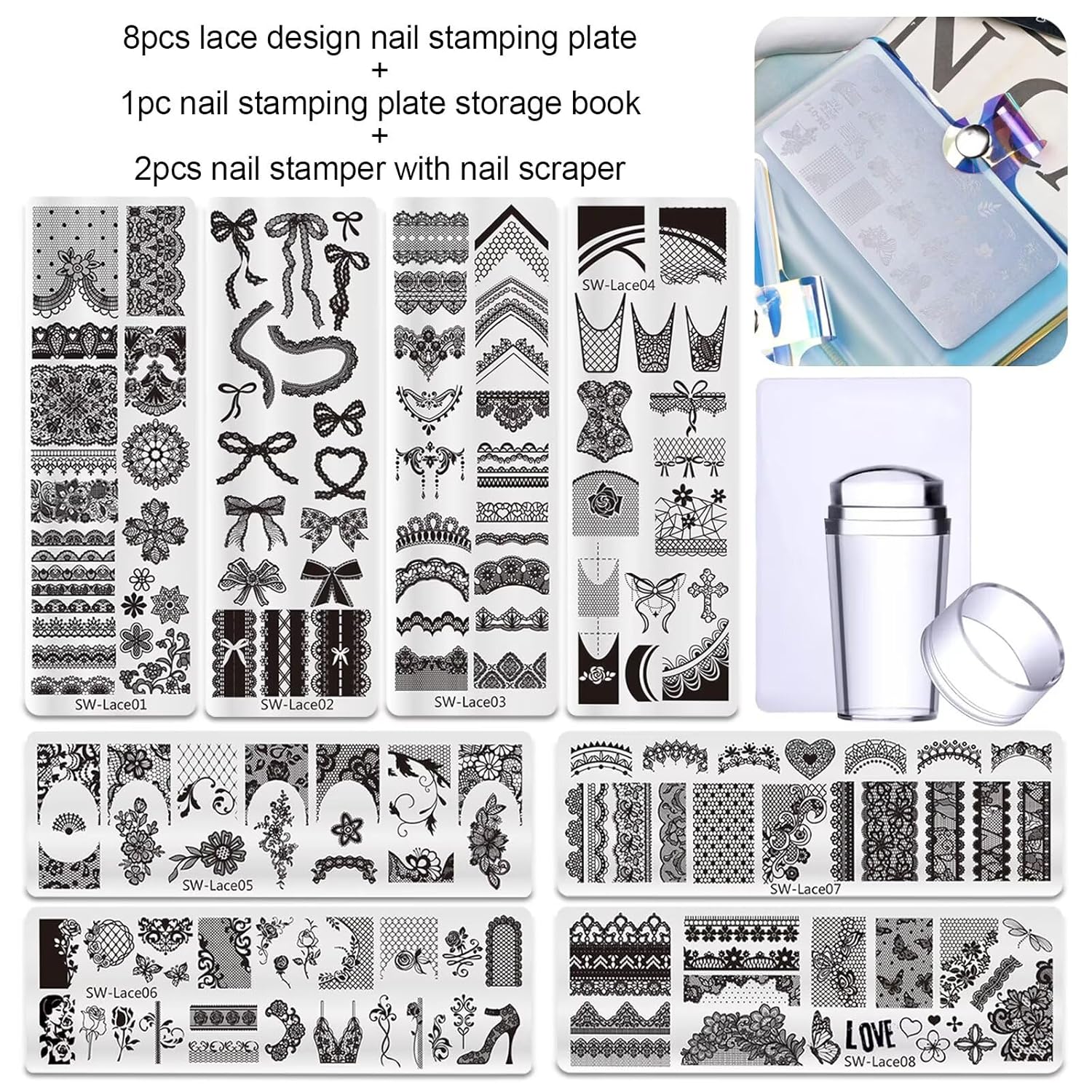 Lace Nail Stamping Plate Set - French Tip Stamp Silicone Nail Stamper Kit Bow Lace Design with Nail Stamp Plates Laser Storage Bag Nail Art Stencil Nail Supplies for Home DIY &Professional Salon-BrightBean Baby