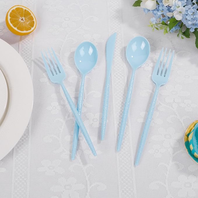 LIYH 150 Pcs Baby Blue Plastic Cutlery Sets - Light Blue Plastic Silverware Heavyduty, Disposable Utensil Sets, 50 of Each Forks, Knives & Spoons Flatware Set for Party Birthday