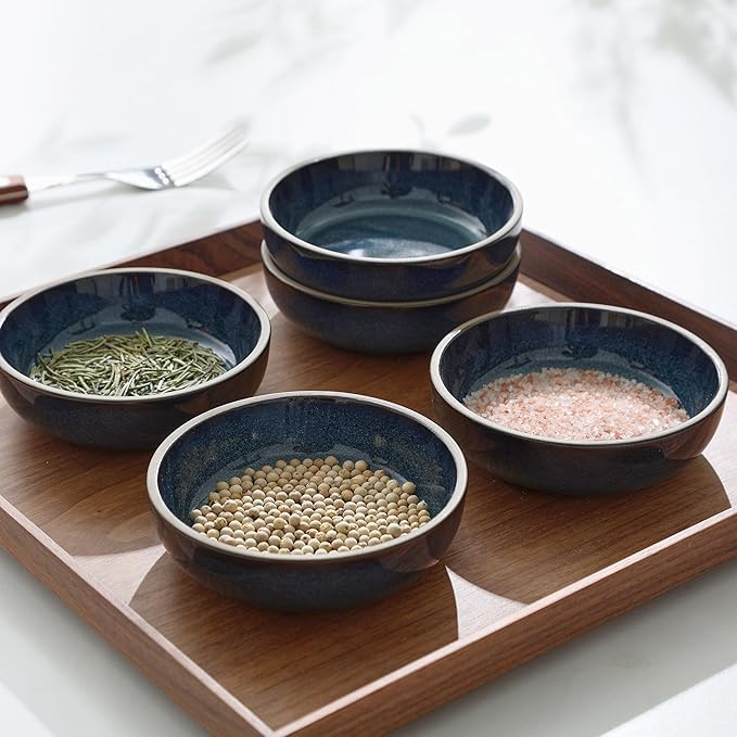 famiware Nature Ceramic Soy Sauce Dish, Dipping Bowls Set of 6, 3 oz Dipping Sauce Bowls/Dishes/Cups/Plates, Small Serving Bowls for Side Dishes, Condiments, Sushi, Appetizer, Dessert, Midnight Blue