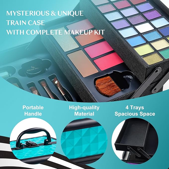 Color Nymph All In One Makeup Kit Comestics Gifts for Girls Teens, Travel Makeup Set 4 Trays Train Case for Beginner Includes Eyeshadow Highlighter Lipgloss Blush Concealer Brush Eyeliner Lipbalm-BrightBean Baby