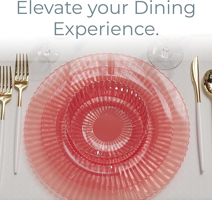 Exquisite 40 Piece Plastic Disposable Plates Set For 20 Guests I 20 X 9 Inch & 20 X 11 Inch Disposable Plastic Plates | Color: Pink | Great for Weddings Parties And Formal Occasions