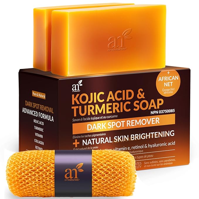 Kojic Acid Soap + African Net Sponge (2 pack X 142g Turmeric bars) Dark spot remover & Scars - Original Japanese Complex Vitamin C, Hyaluronic Acid, retinol, shea butter (Citrus)-BrightBean Baby