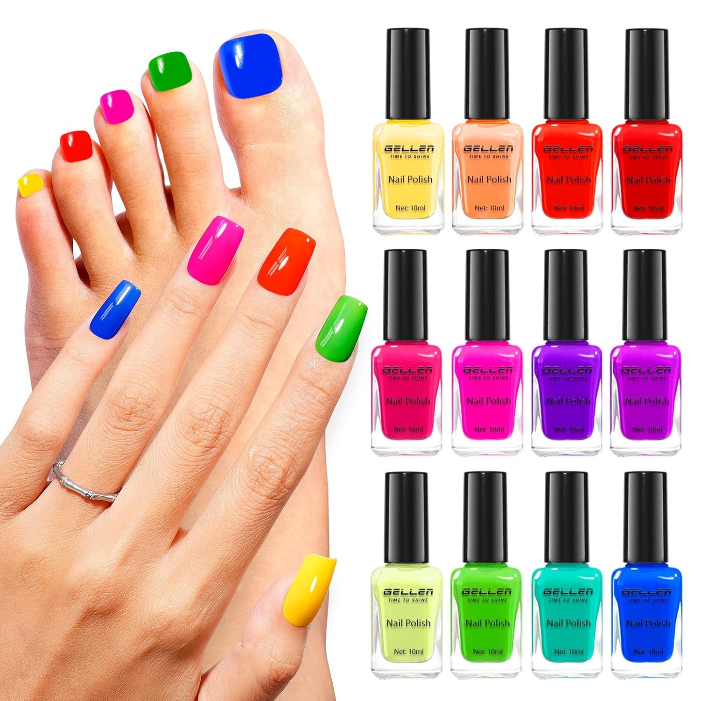 GELLEN Bright Neon Nail Polish Set, Quick Air Dry Regular Nail Polish Vibrant Rainbow 12 Colors Set for Fingernail Toe Nails Salon Home, Hema Free, Non-toxic, Red Pink Blue Green Purple Orange Yellow-BrightBean Baby