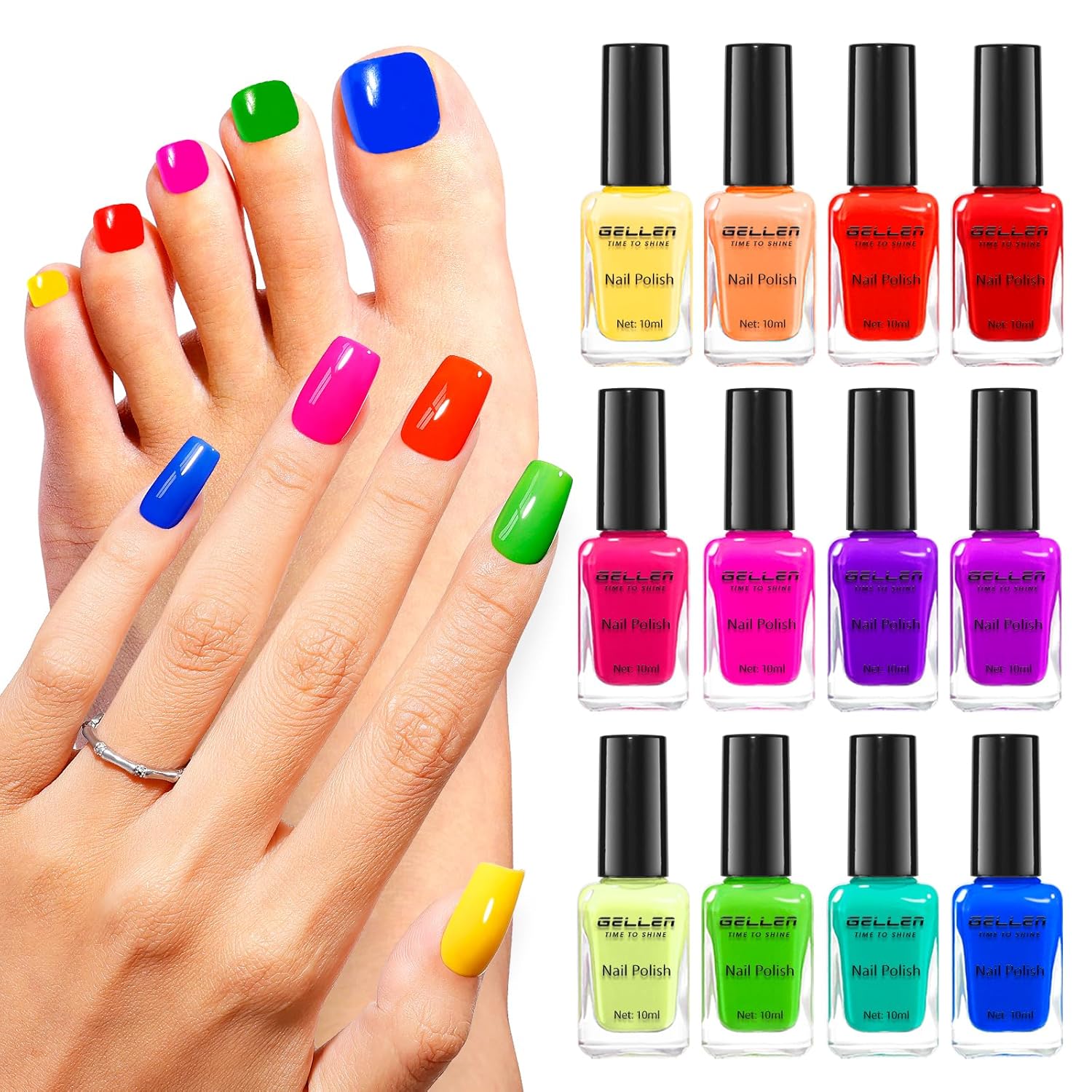 GELLEN Bright Neon Nail Polish Set, Quick Air Dry Regular Nail Polish Vibrant Rainbow 12 Colors Set for Fingernail Toe Nails Salon Home, Hema Free, Non-toxic, Red Pink Blue Green Purple Orange Yellow-BrightBean Baby