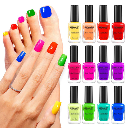 GELLEN Bright Neon Nail Polish Set, Quick Air Dry Regular Nail Polish Vibrant Rainbow 12 Colors Set for Fingernail Toe Nails Salon Home, Hema Free, Non-toxic, Red Pink Blue Green Purple Orange Yellow-BrightBean Baby