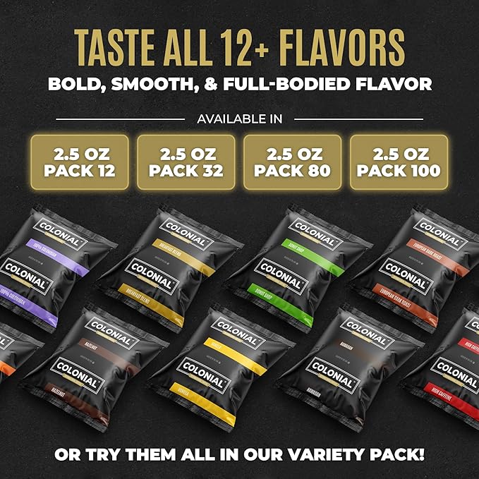 Colonial Coffee 100 Count Single Pot Coffee Packets – 100% Arabica Decaf Colombian Medium Roast | Pre-Measured Frac Packs for 12 Cup Maker | Bulk Ground Gourmet Coffee for Home & Office