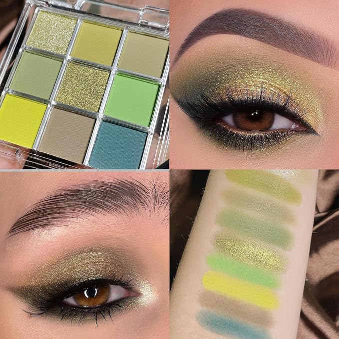 Erinde 9 Colors Eyeshadow Palette, Matte Shimmer Glitter Eye Shadow Palette Makeup, Highly Pigmented Long Lasting Waterproof, Natural Neutral Nude Eyeshadow Make Up Pallet, Yellow Green-BrightBean Baby