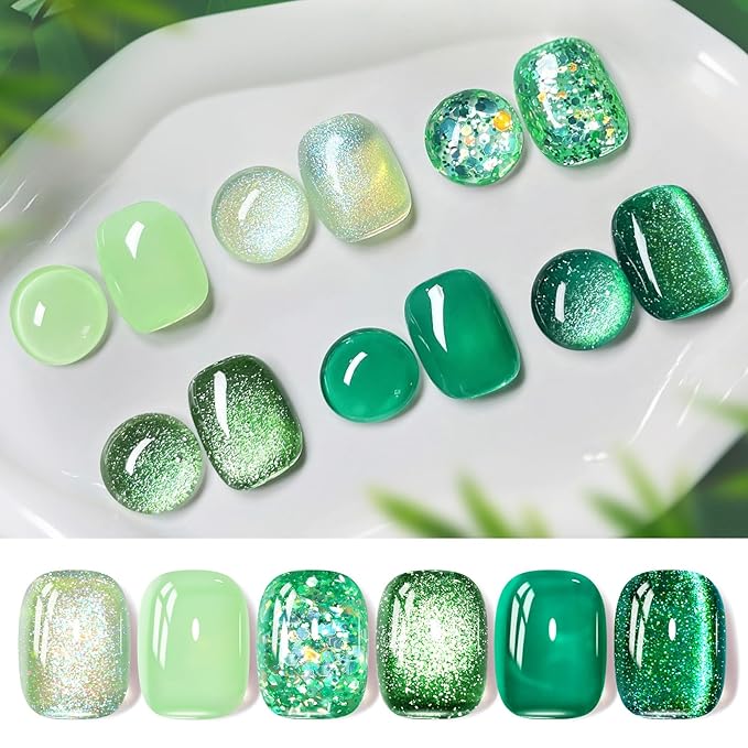 Born Pretty Gel Nail Polish Green Series,Jelly Transparent Gel Nail Polish, Cat Magnetic Eye,Shimmer Glitter Holographic Green Gel Polish Kit for Salon Manicure and Nail Art DIY at Home 6PCS 7ml-BrightBean Baby